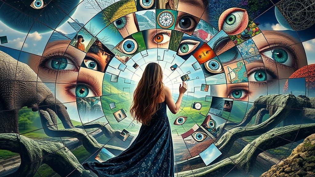 Surreal Woman in Mirrored Labyrinth