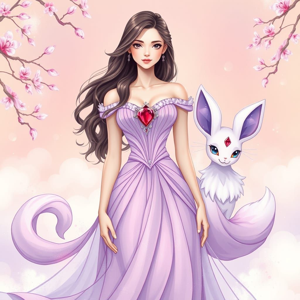 Ethereal Princess in Regal Purple Gown with Loyal Espeon Com...