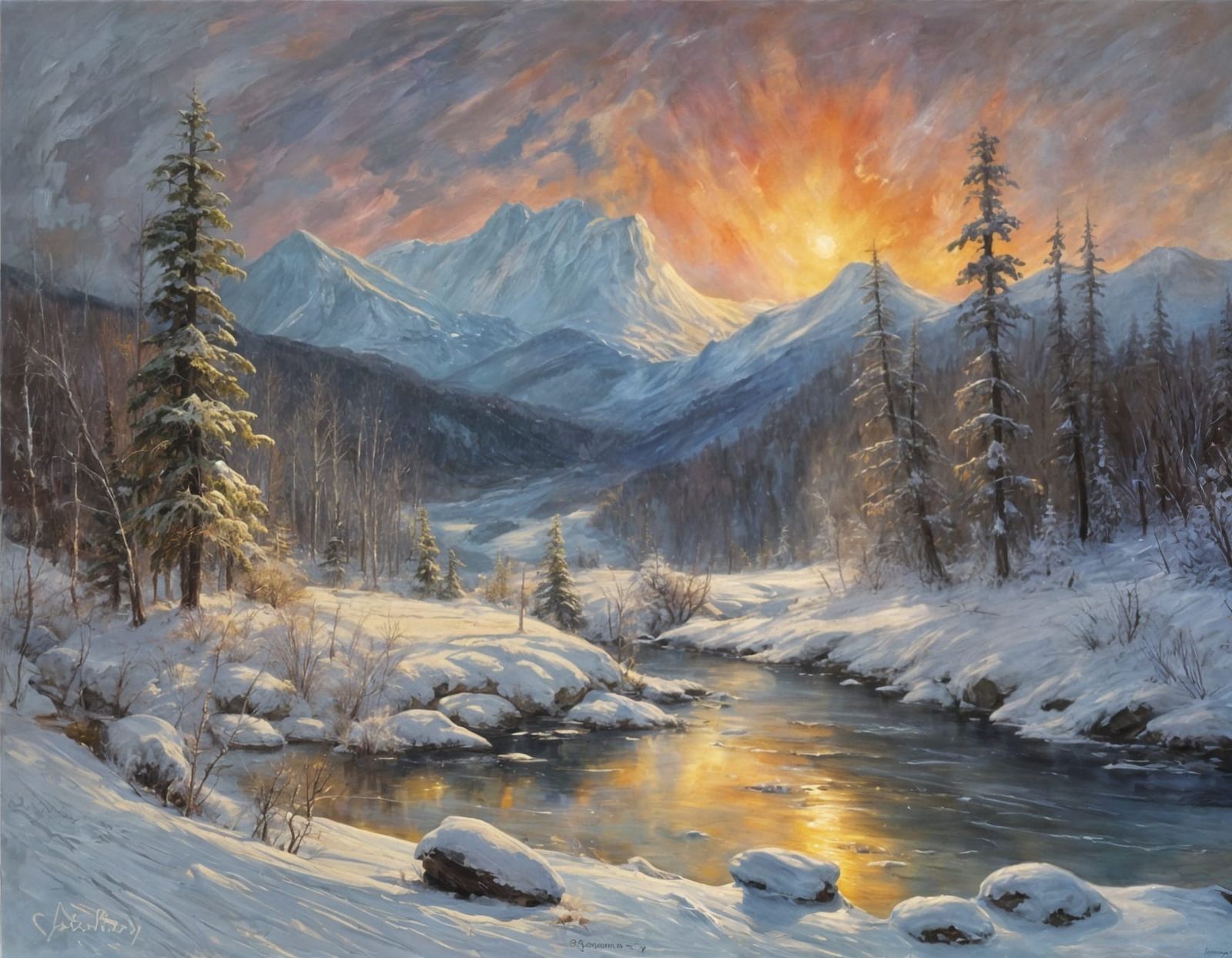Winter Aurora Oil Painting in Thick Brushstrokes