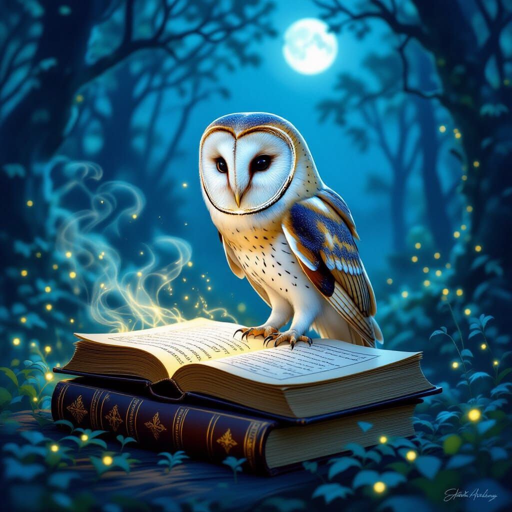 Majestic Barn Owl on Glowing Tome in Enchanted Forest