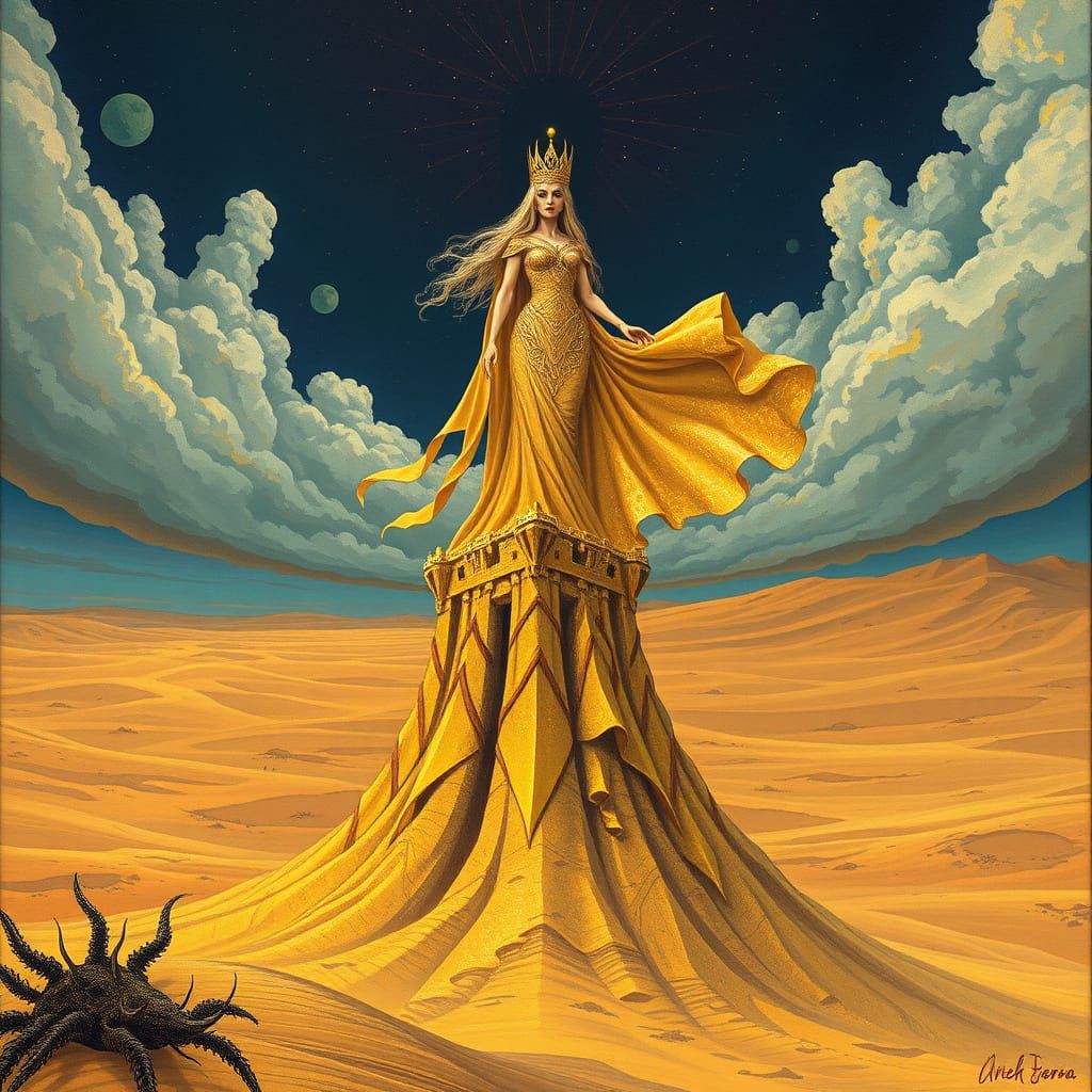 Sandman Queen in Surreal Desert Landscape
