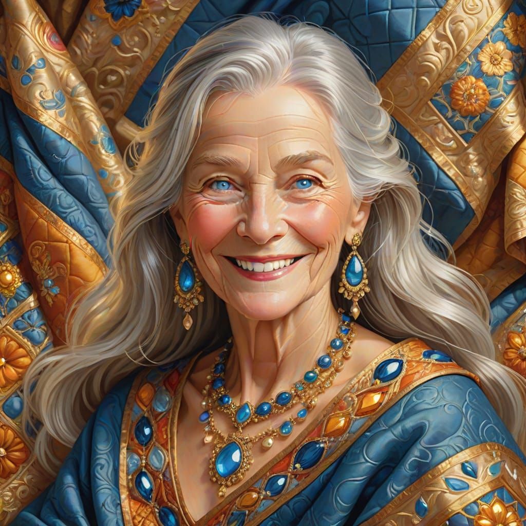 Radiant Elder Woman in Gilded Quilt