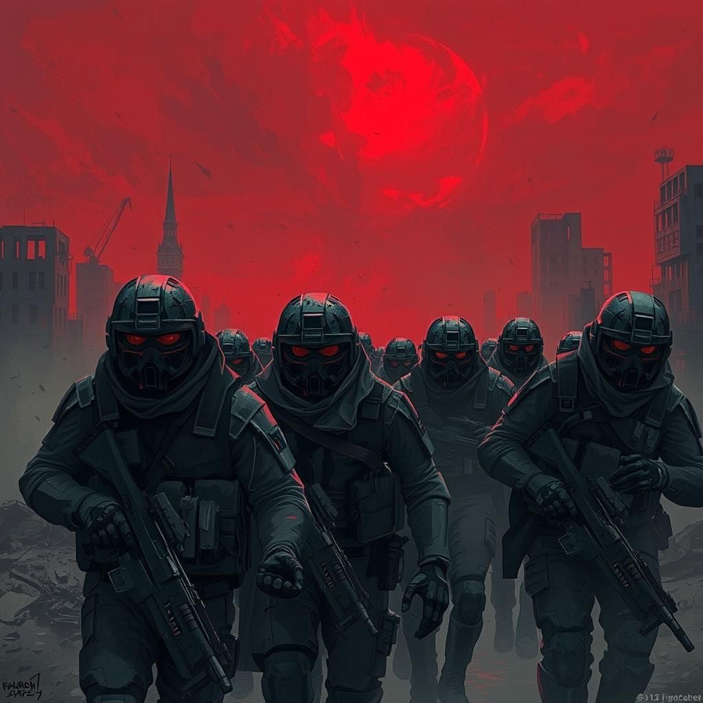 Dystopian Soldiers in Ruined Cityscape, Dark Exosuits