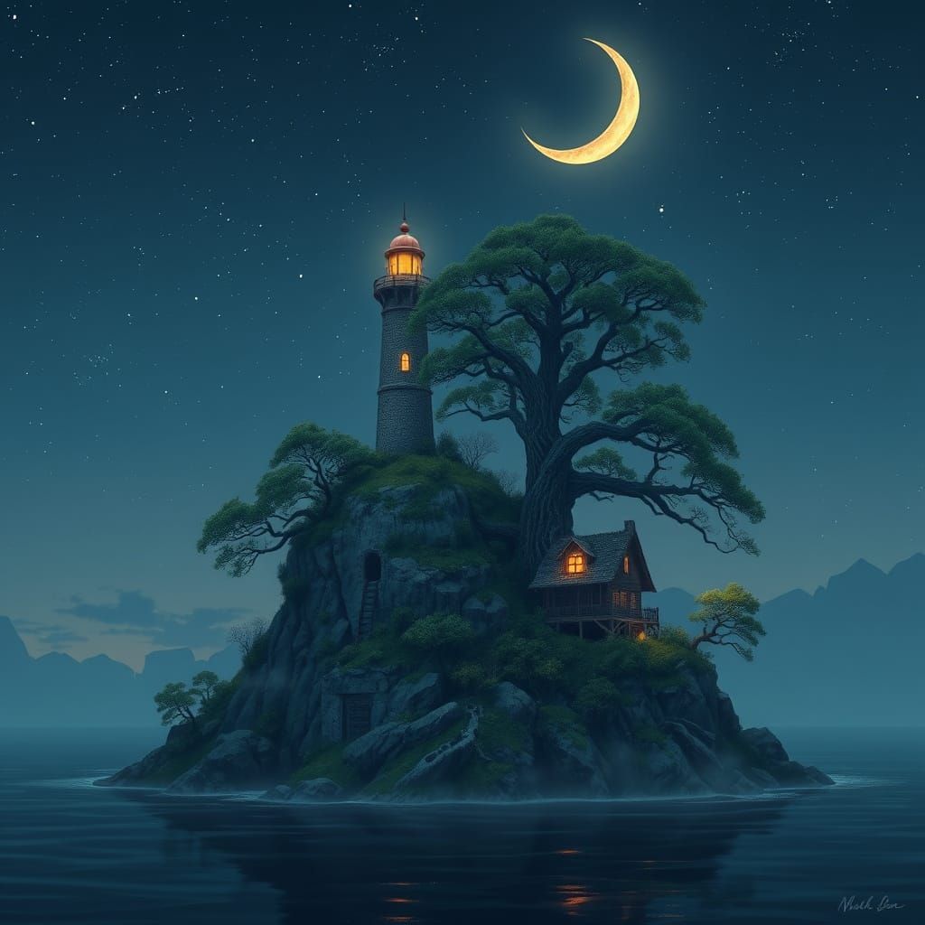 Midnight Lighthouse Island Under Starry Skies