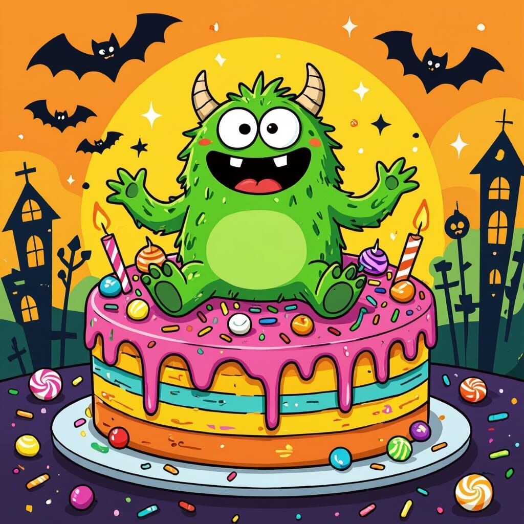 Happy Green Monster on Halloween Cake: Cartoon Style
