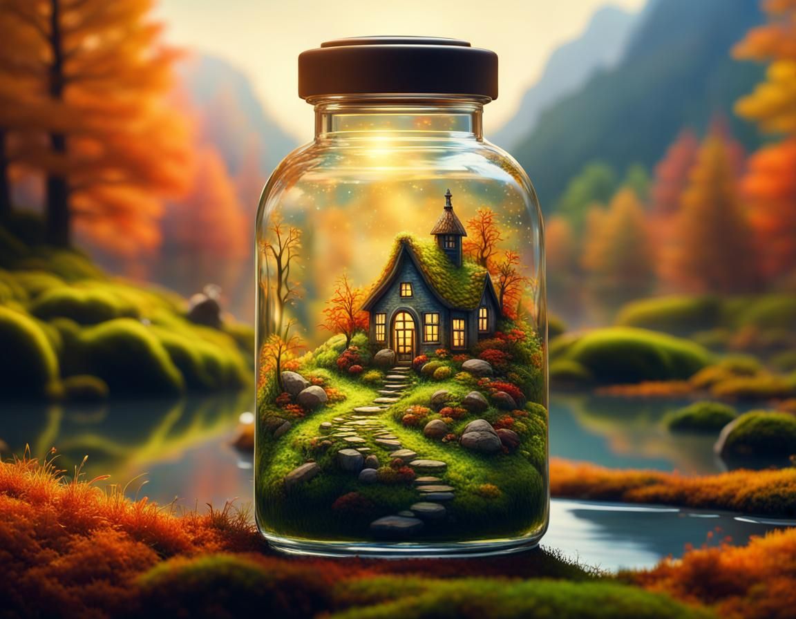Mountain Village in Glass Bottle: Digital Art