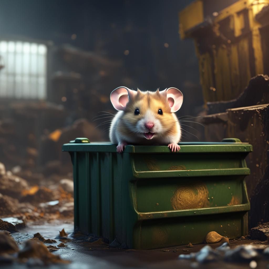 Cute Hamster Cub in Dumpster: Detailed Matte Painting