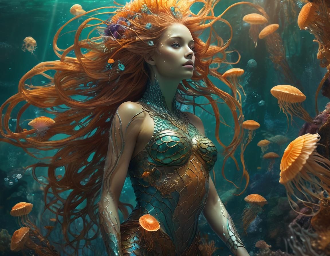 Alien Mermaid with Glowing Jellyfish: Fantasy Concept Art