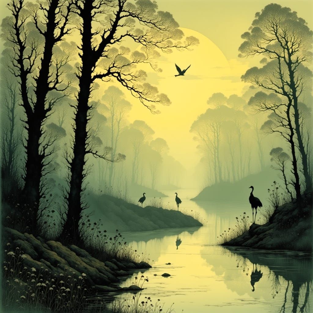 Cranes on Lake Shore in Graphic Novel Style