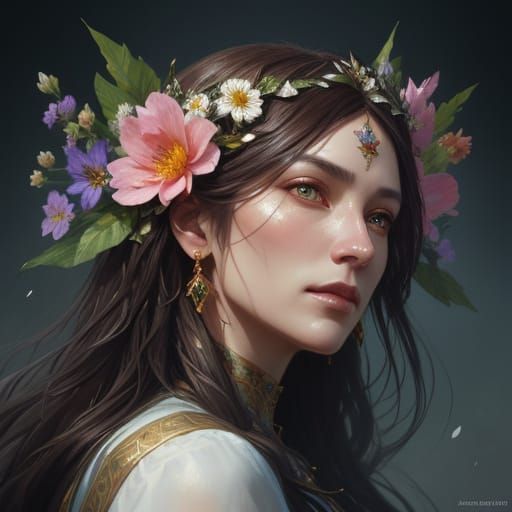 Goddess Portrait Surrounded by Intricate Flowers
