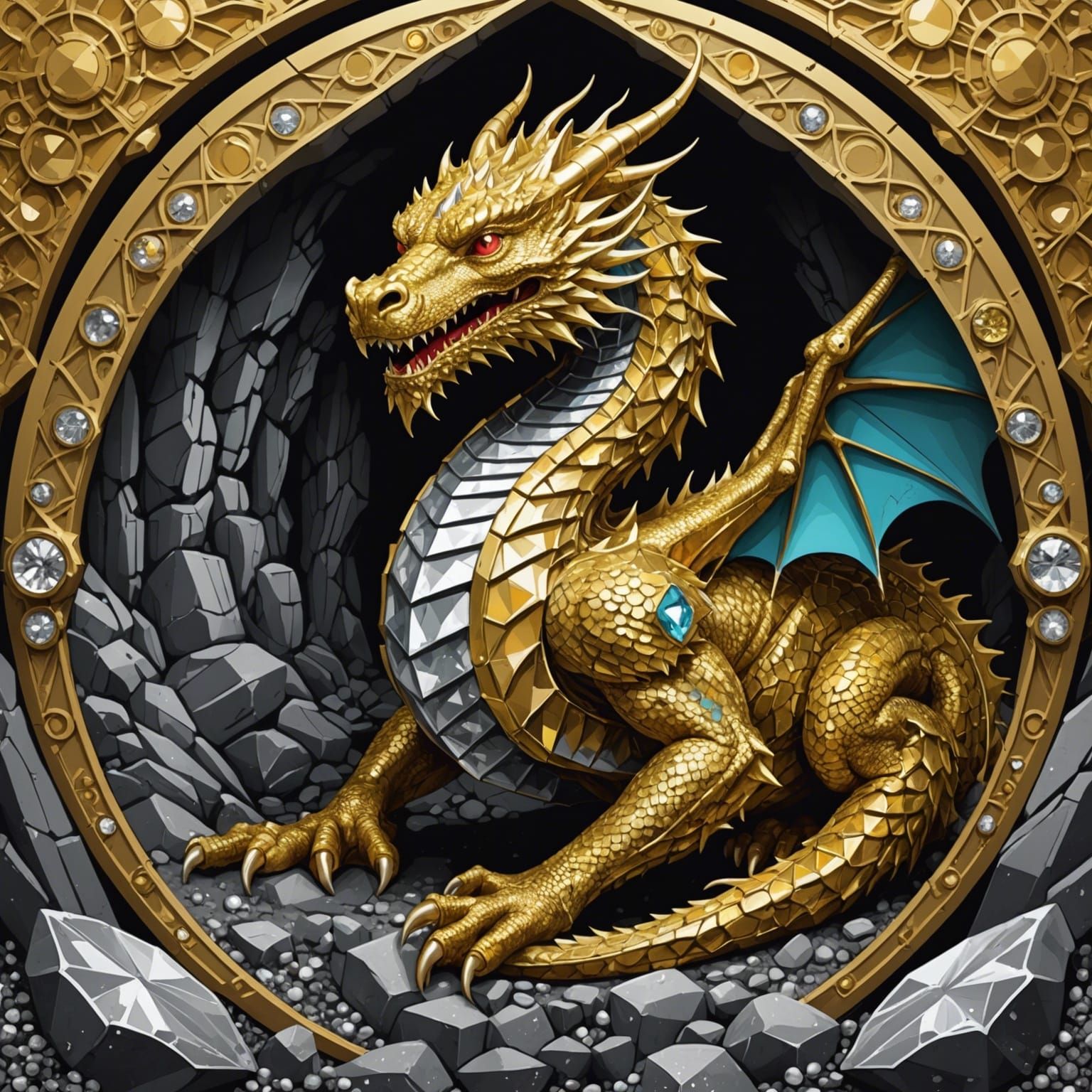 Gold and Silver Dragon in Diamond Cave: Pop Art