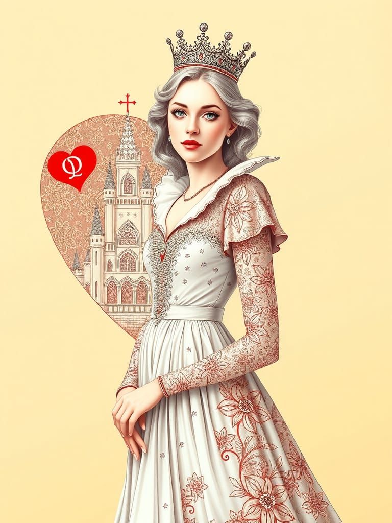 Queen of Hearts in Zentangle Style with Fantasy Landscape