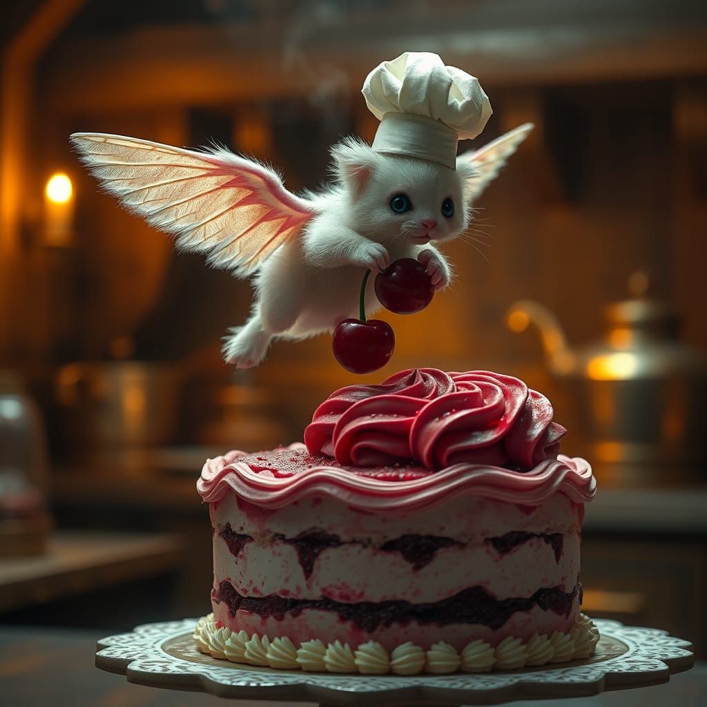 Kitten Dragon Chef with Cherry Cake