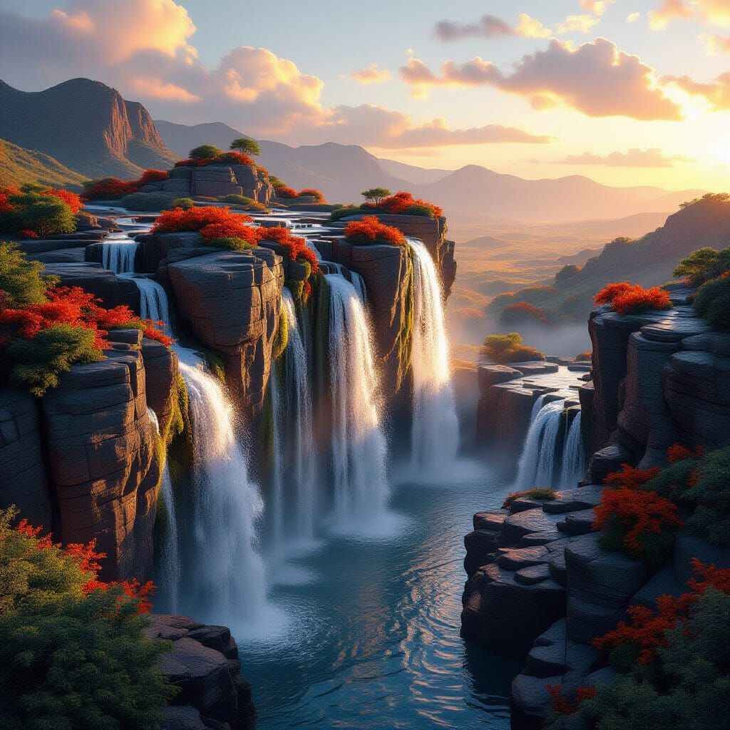Impossible Rock Waterfall Formation at Sunset