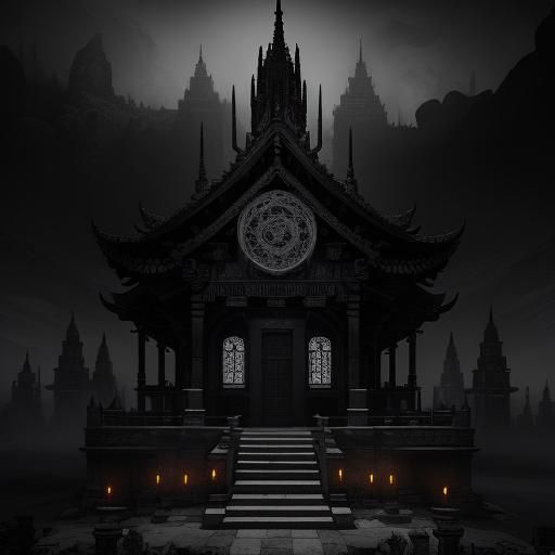 Gloomy Ruined Temple with Five Pillars in Black and White