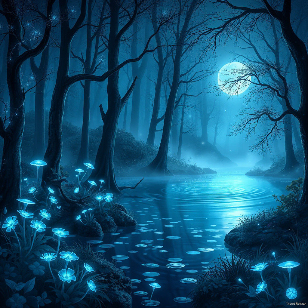Ethereal Bioluminescent Forest in Moonlight