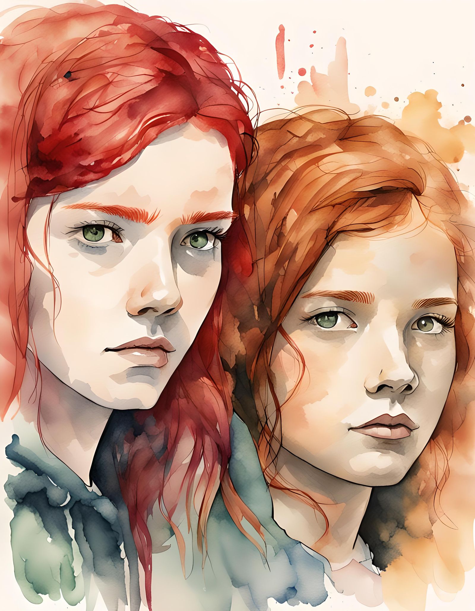 Red-Haired Women in Ink and Watercolor Style