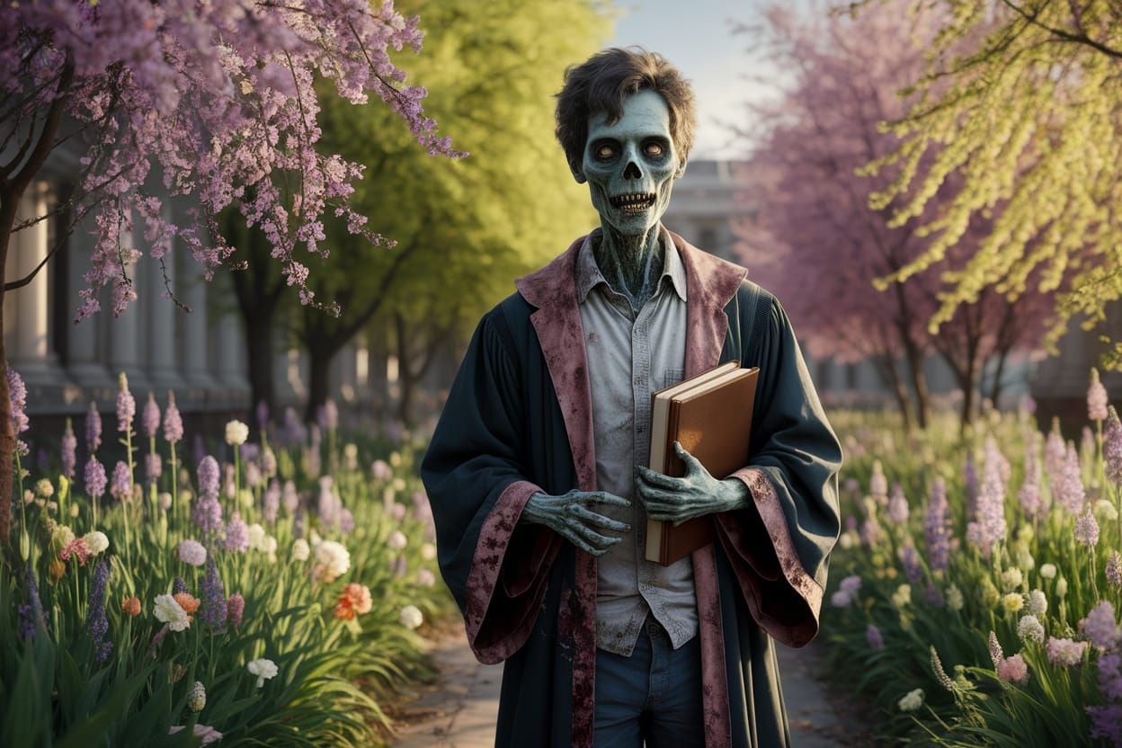 Decaying Scholar in a Vibrant Spring Garden