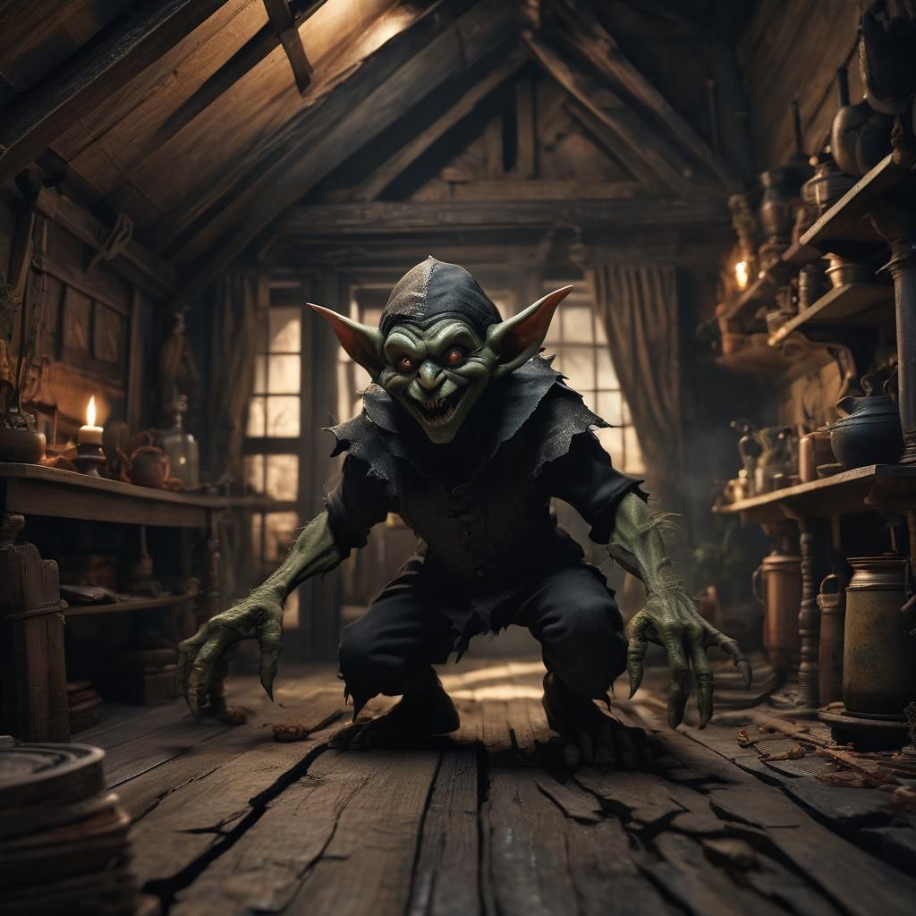 Eerie Goblin Reaching from Dark Attic Shadows