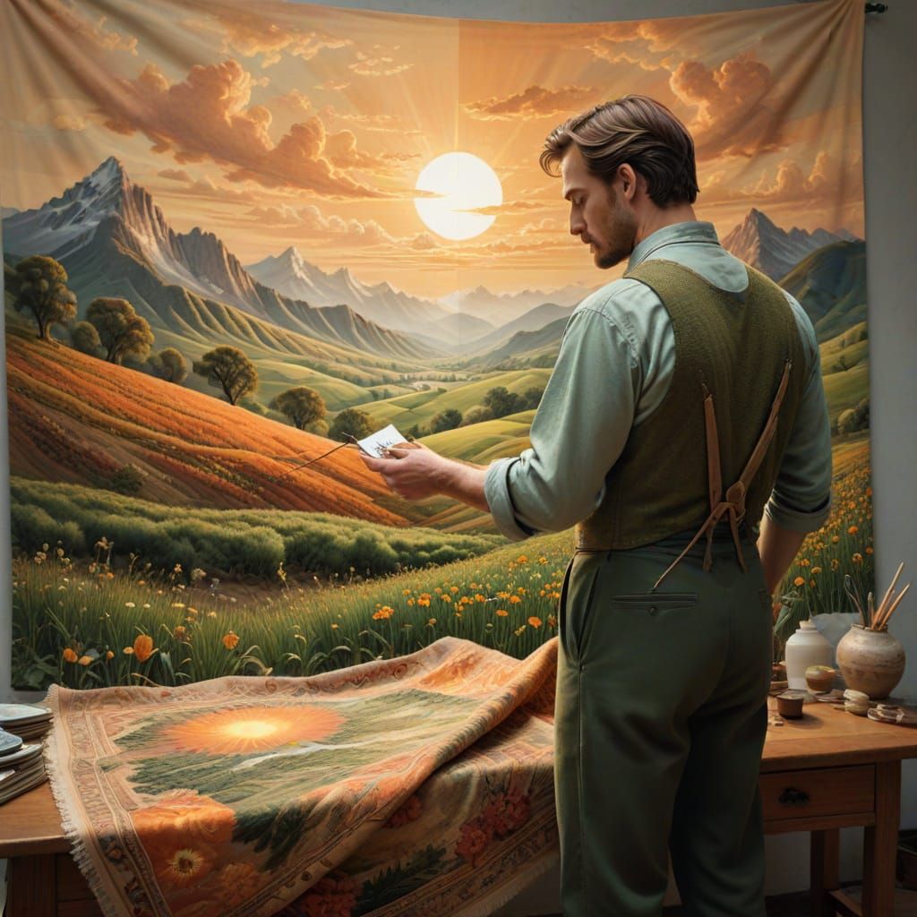 Surreal Tapestry: Artist Weaving a Pastoral Landscape