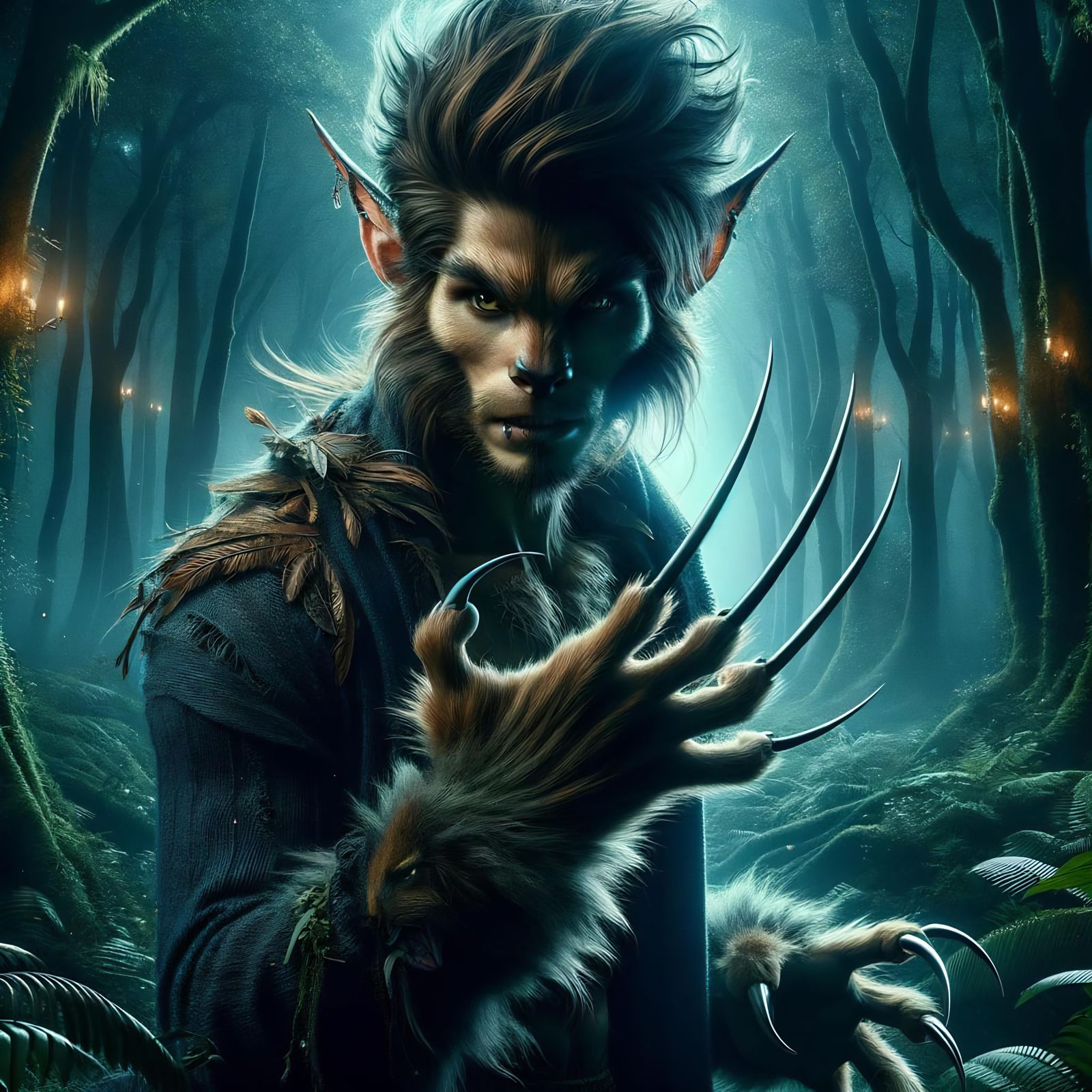 Fantasy Shifter Mid-Transformation in Magical Forest