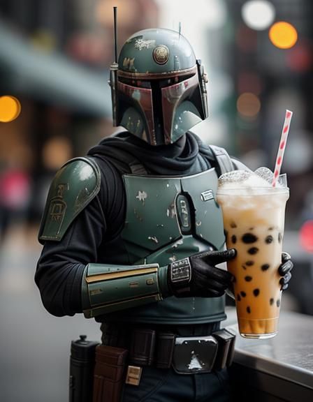 Boba Fett Sipping Bubble Tea: Professional Photography