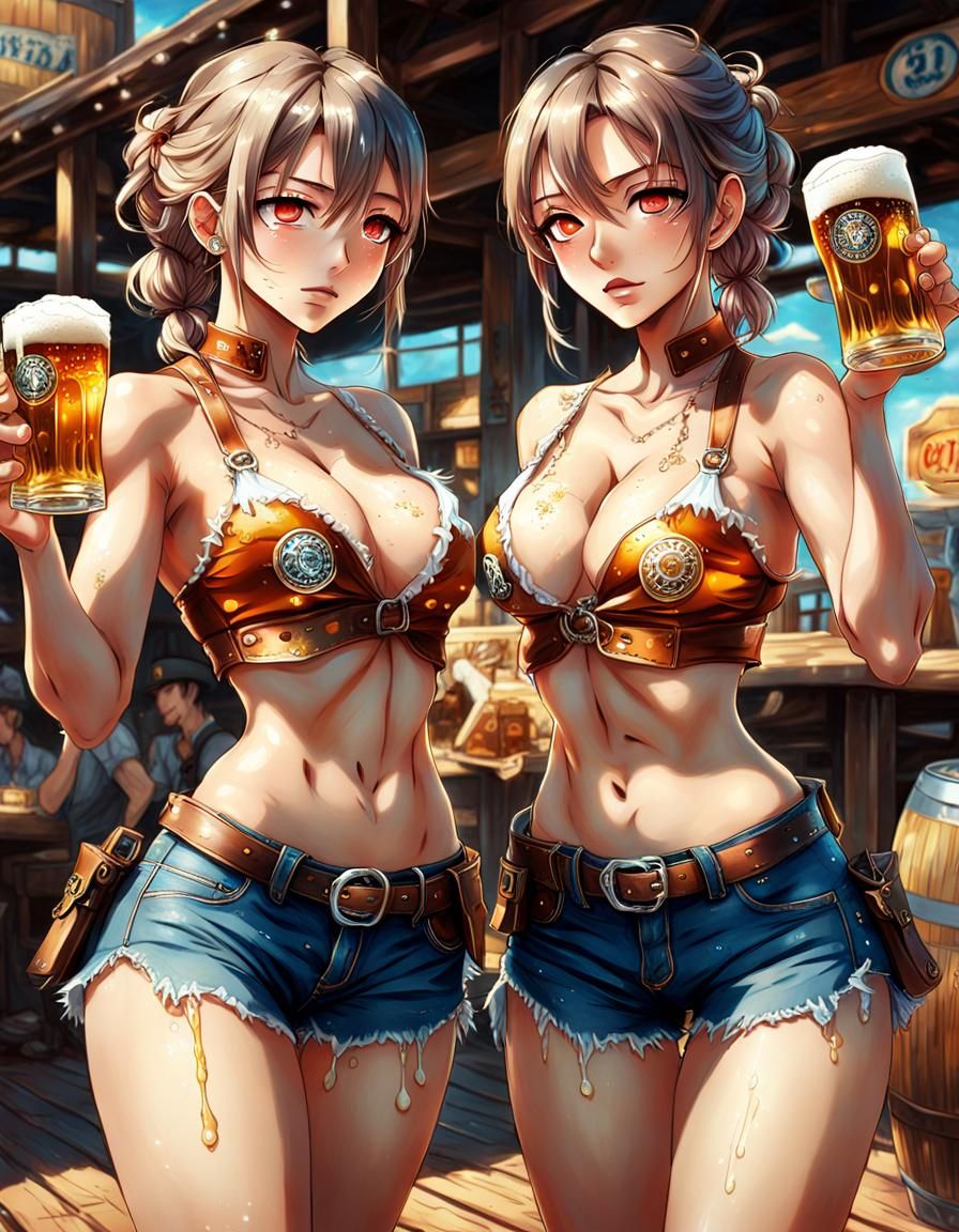 Anime Cowboy Twins with Beer in Manga Style