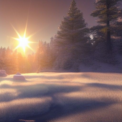 Sunrise Over Snowy Mountains in Anime Style