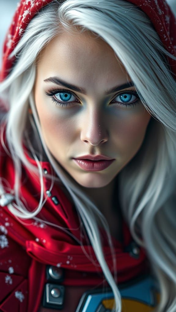 Gorgeous Blue-Eyed Woman in Red Superhero Gear, 8K