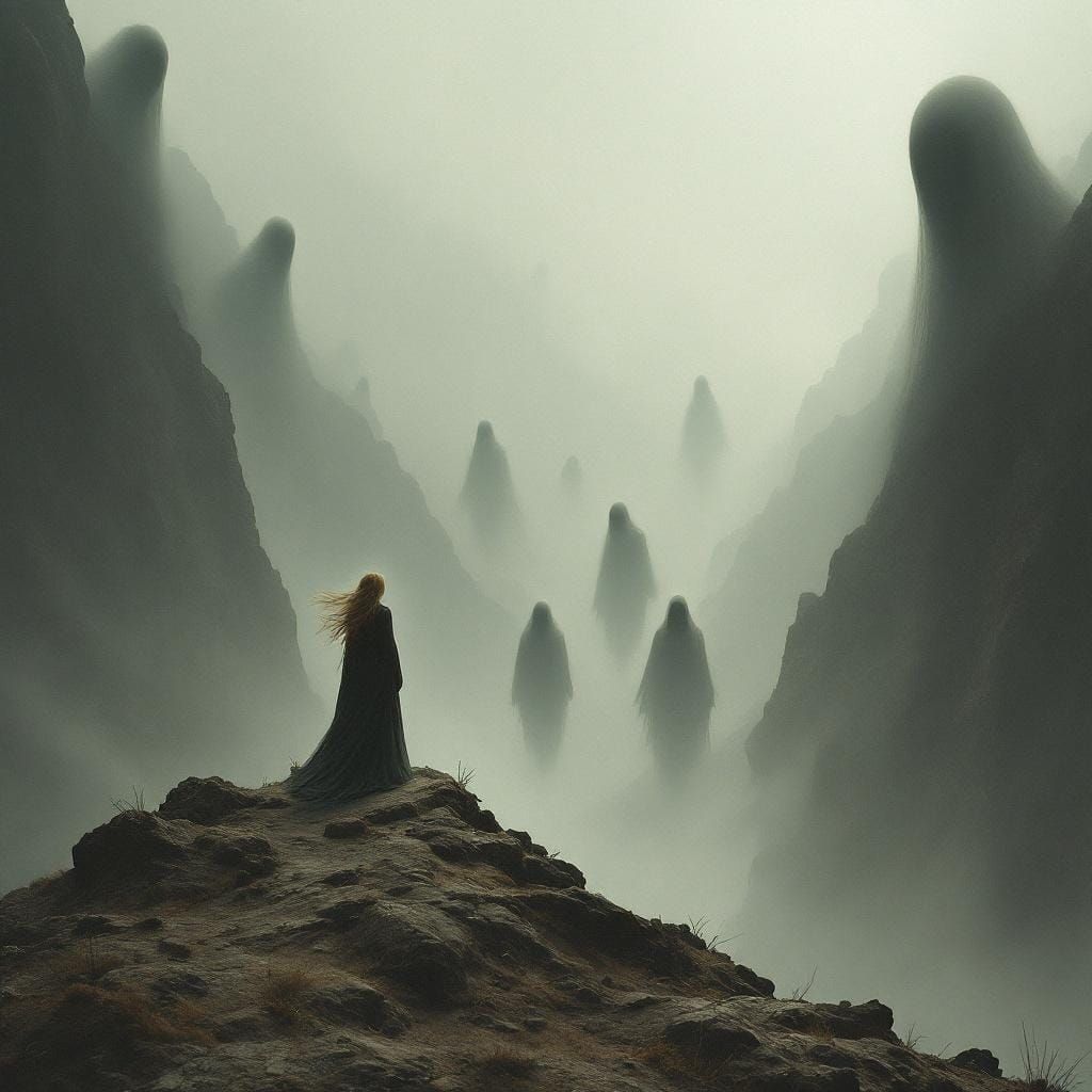 Eerie Mountain Pass: White Woman and Faceless Figures