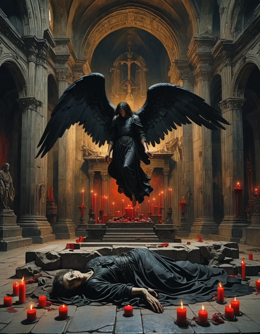 Macabre Fallen Angel with Black Wings in Cathedral