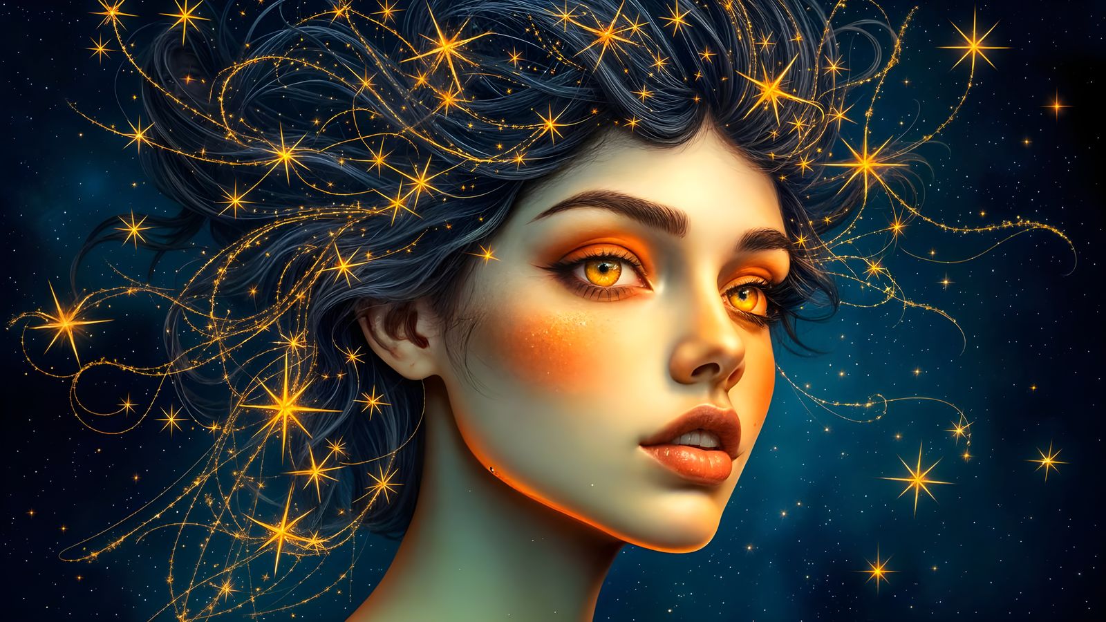 Celestial Goddess with Starlit Hair and Warm Golden Eyes