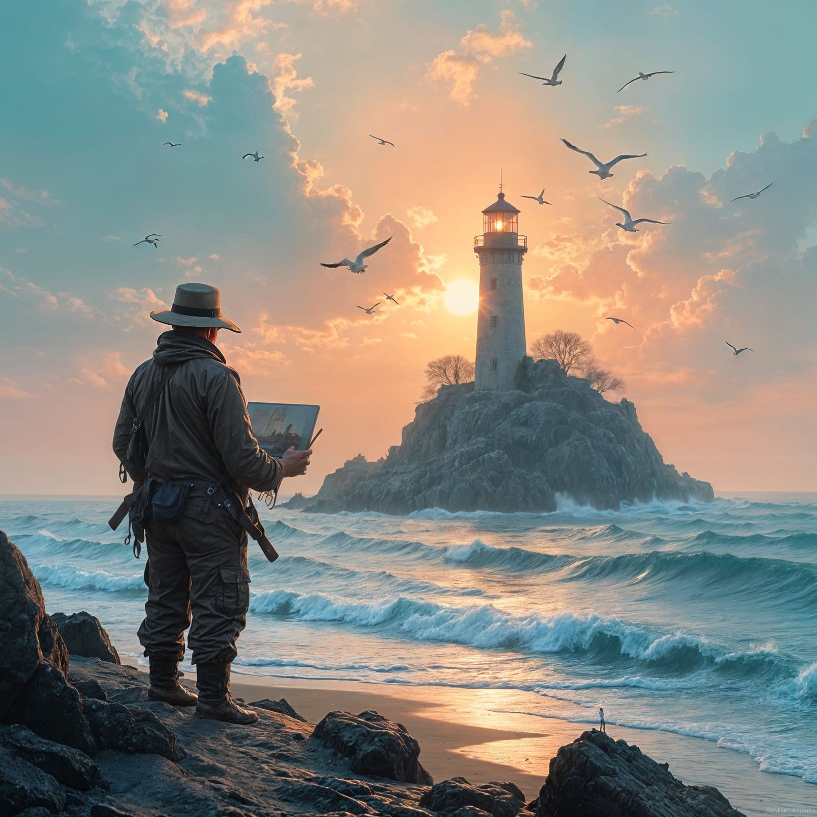 Man Paints Portrait of Island with Lighthouse at Sunset