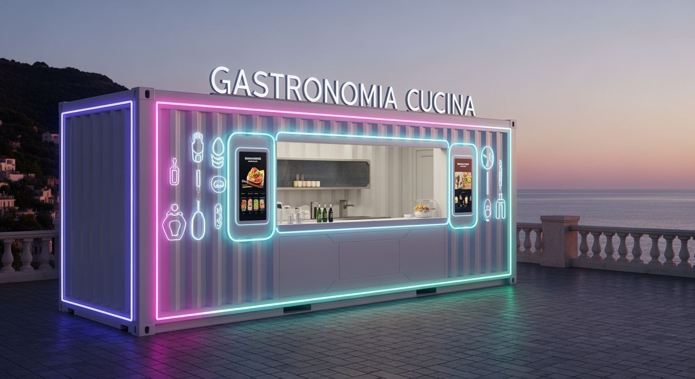 Futuristic Cyberpunk Food Kiosk on Mediterranean Coast