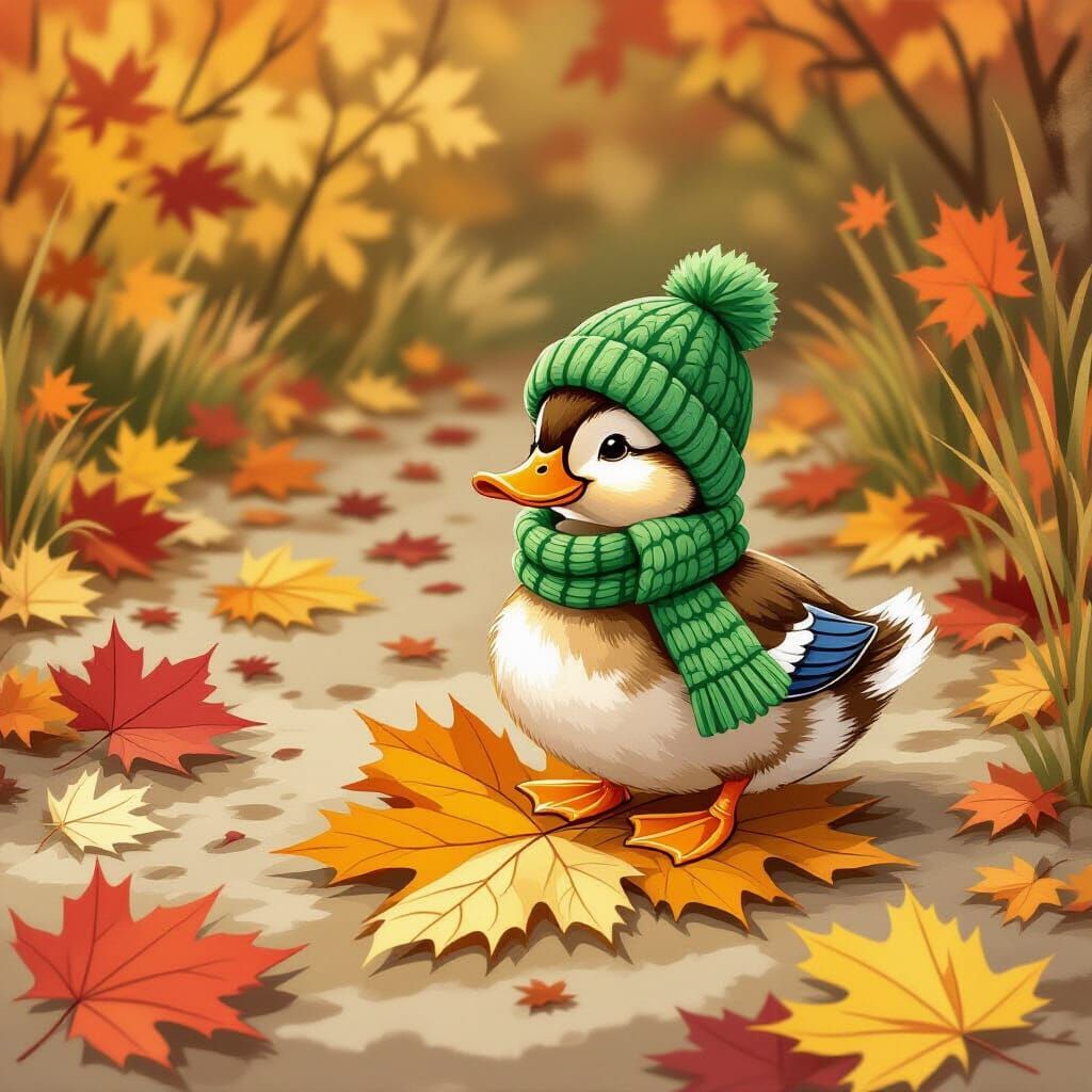 Cute Duck in Knitted Hat on Autumn Leaf