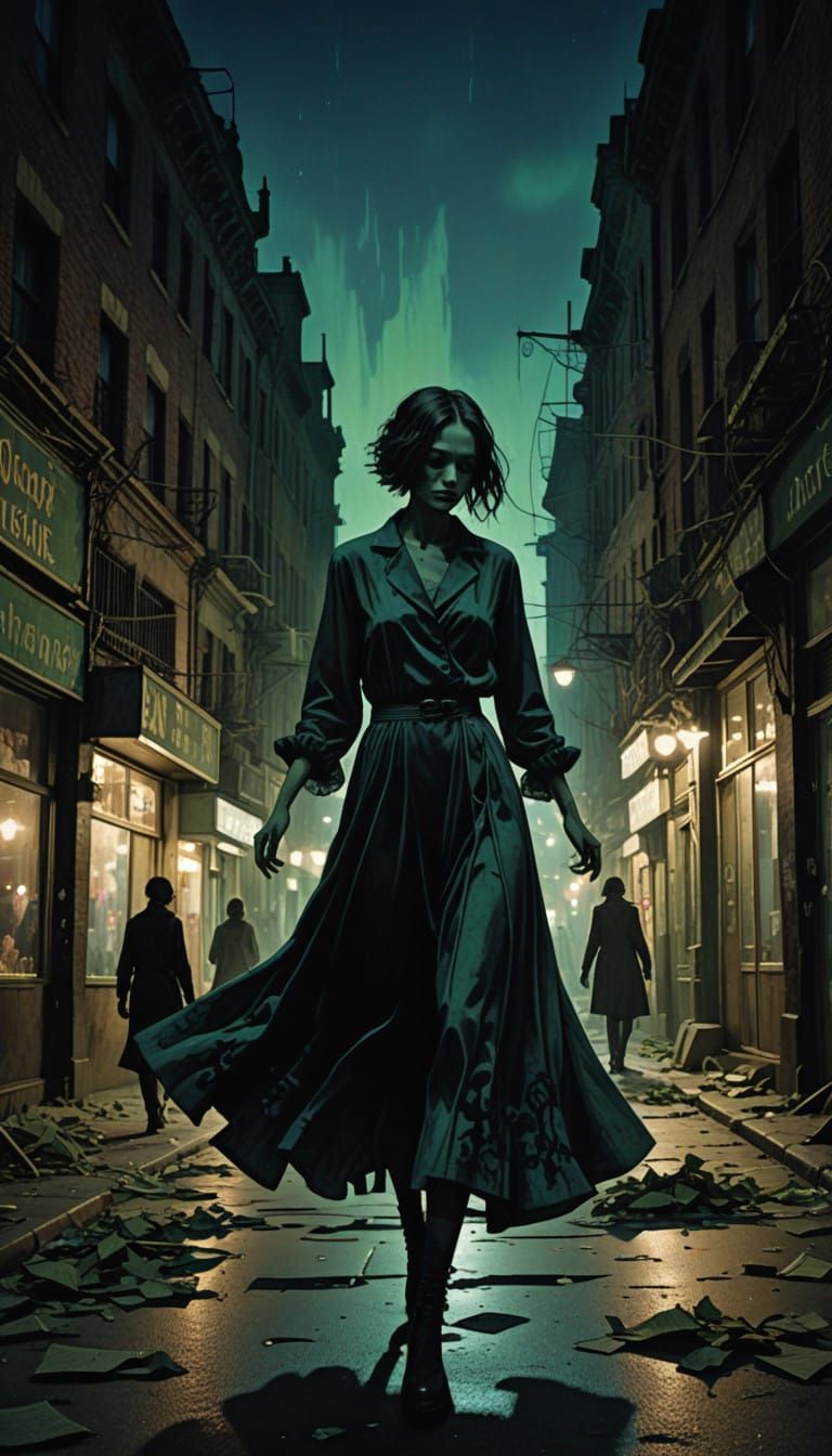 Surreal Gothic Nightscape with Ethereal Dancers in Twilight...