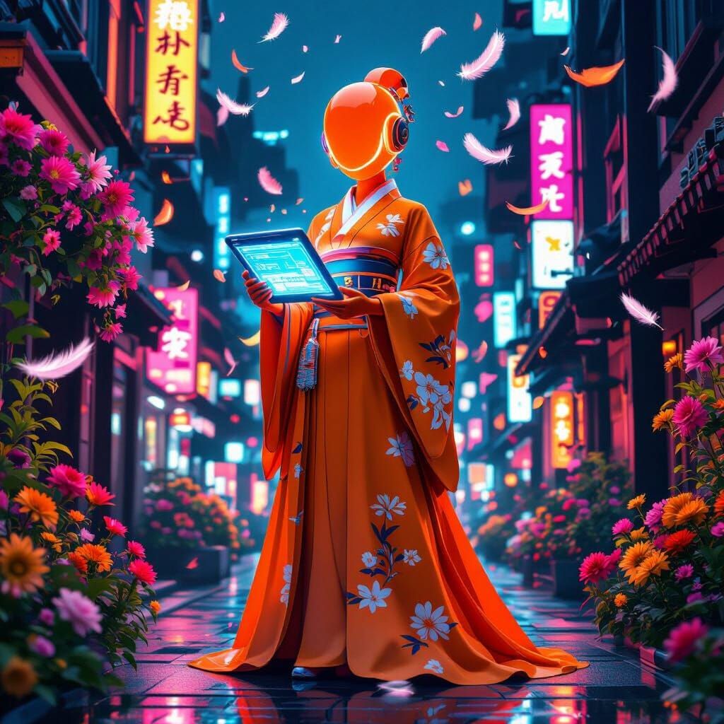 Tangerine in Hanbok in Cyberpunk Cityscape