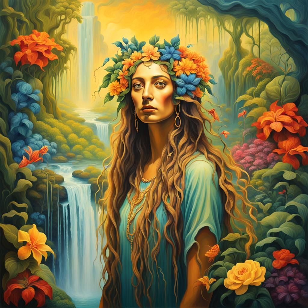 Amazonian Goddess in Surrealist Garden, Dali Inspired