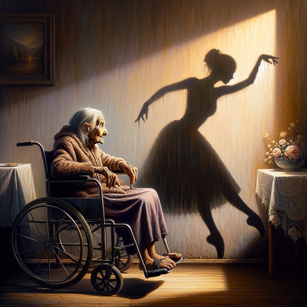 Poignant Oil Painting: Elderly Woman and Ballerina Shadow