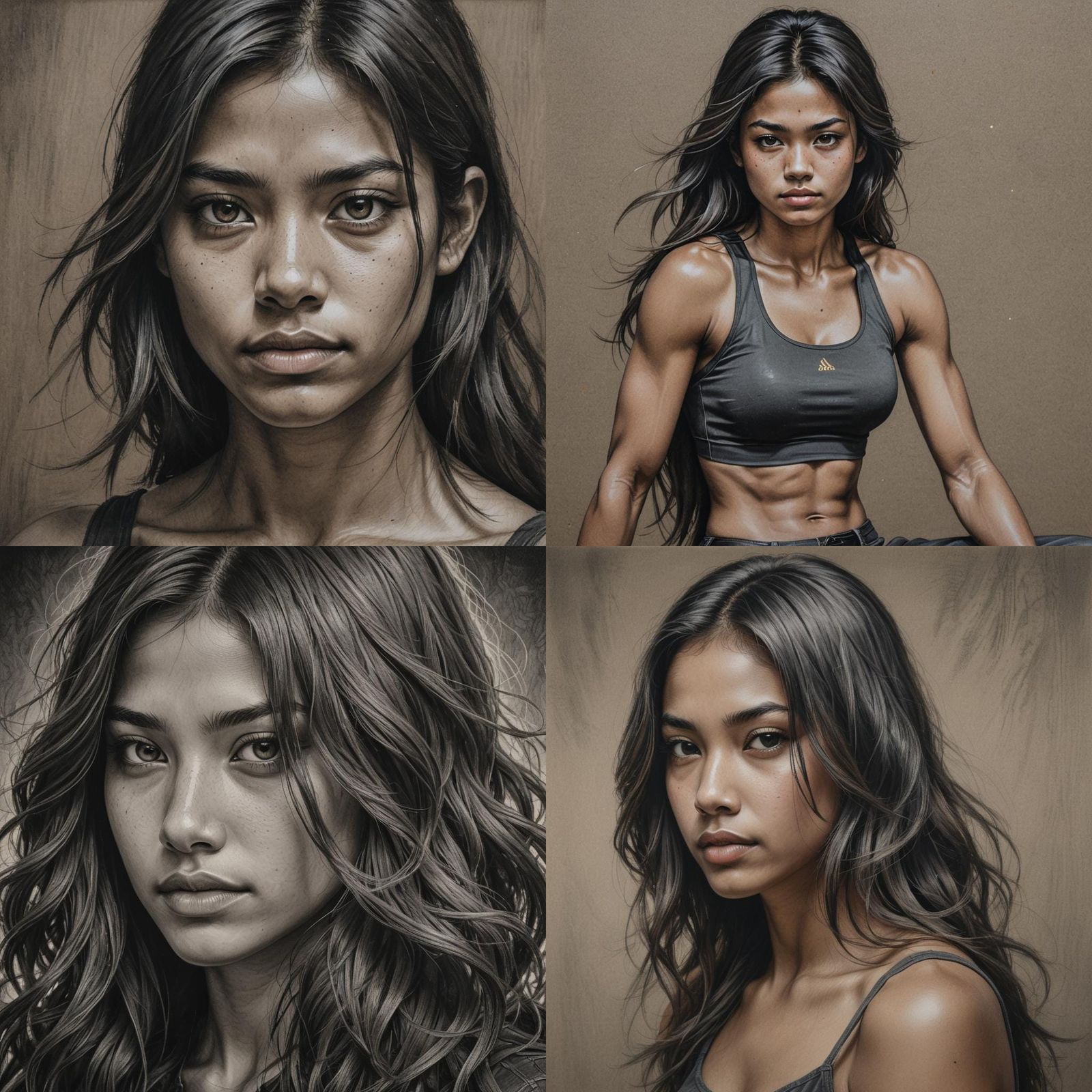 Hyperdetailed Charcoal Drawing of a Muscular Girl