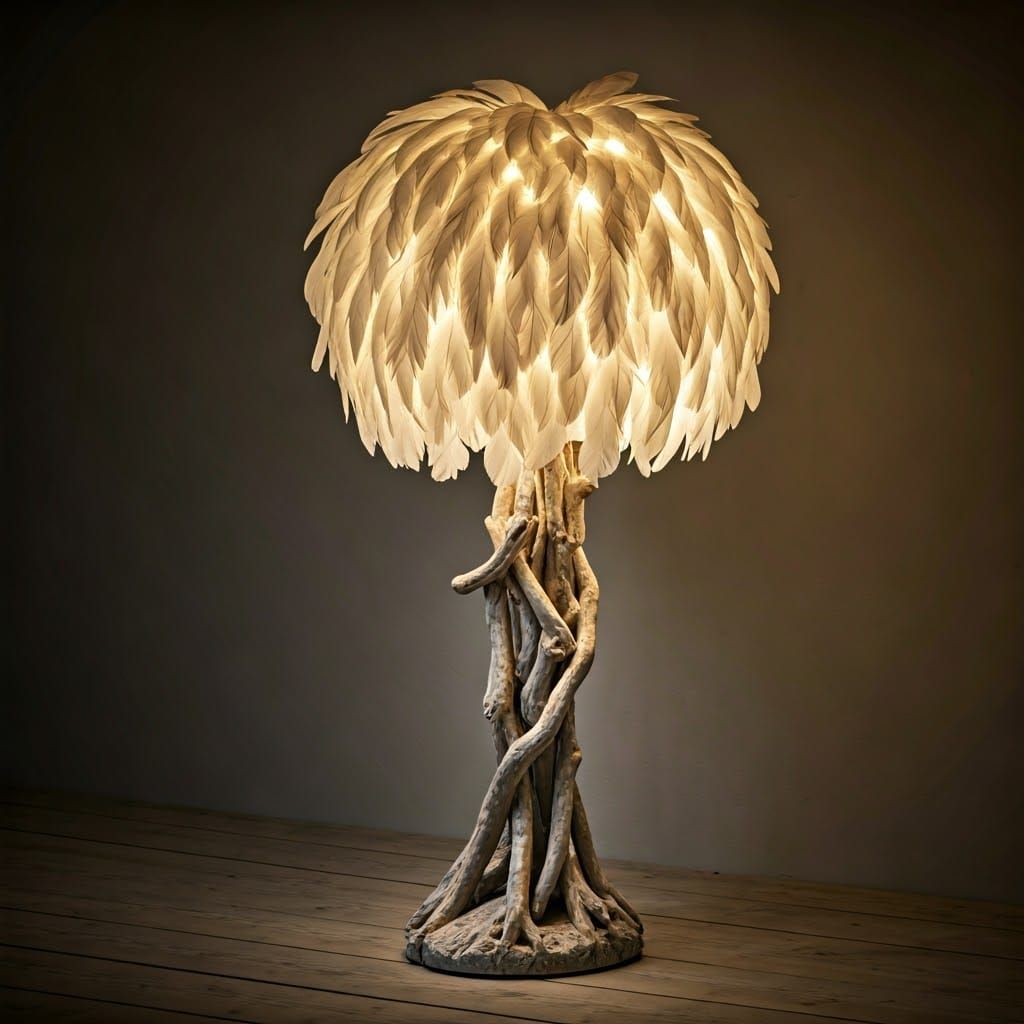 Minimalist Room with Driftwood and Feather Lamp