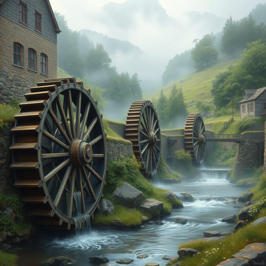 Waterwheels in a Serene, Rustic Valley Landscape