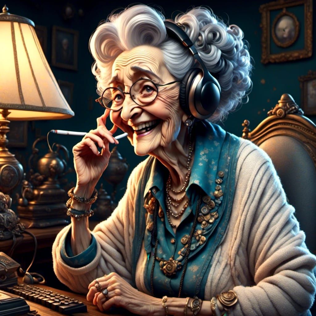 Cartoon Older Woman Smokes at Call Center