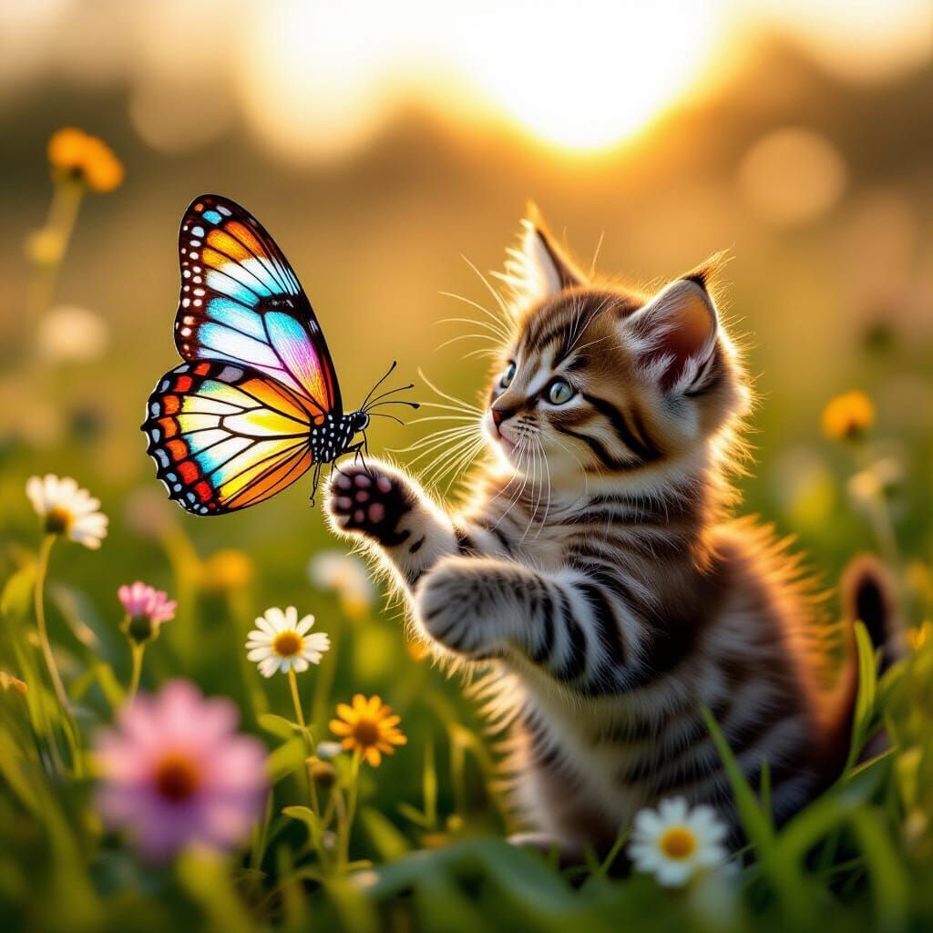 Kitten Chasing Stained Glass Butterfly in Sunlit Meadow