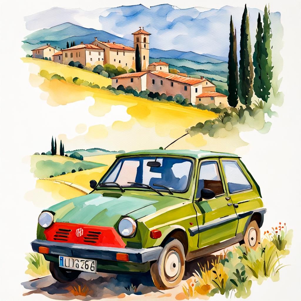 MG Metro in Italian Countryside: Gouache Impressionist Paint...