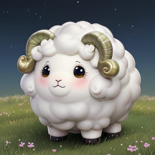 Happy Kawaii Cloud Sheep in Flowery Meadow