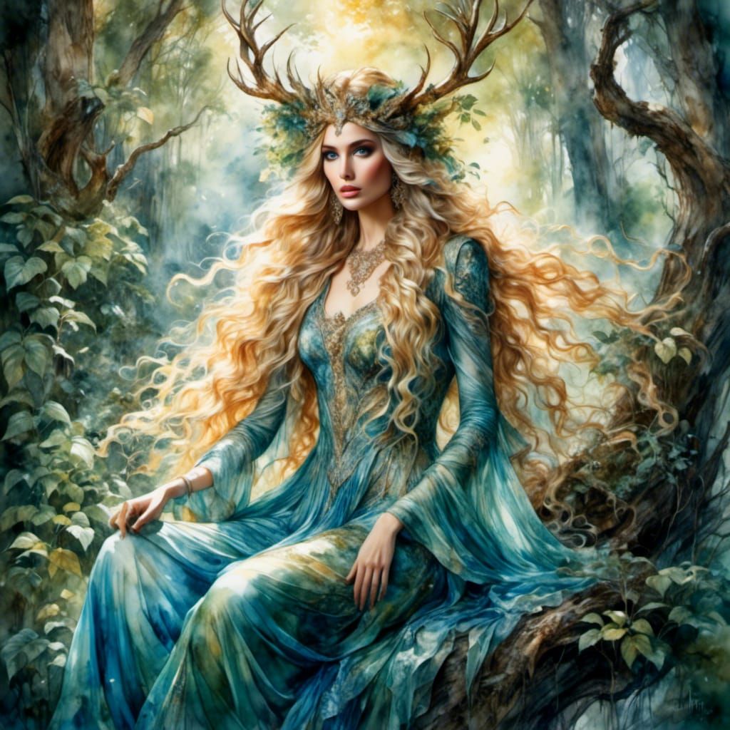 Glass Painting of Forest Queen on Branch Throne