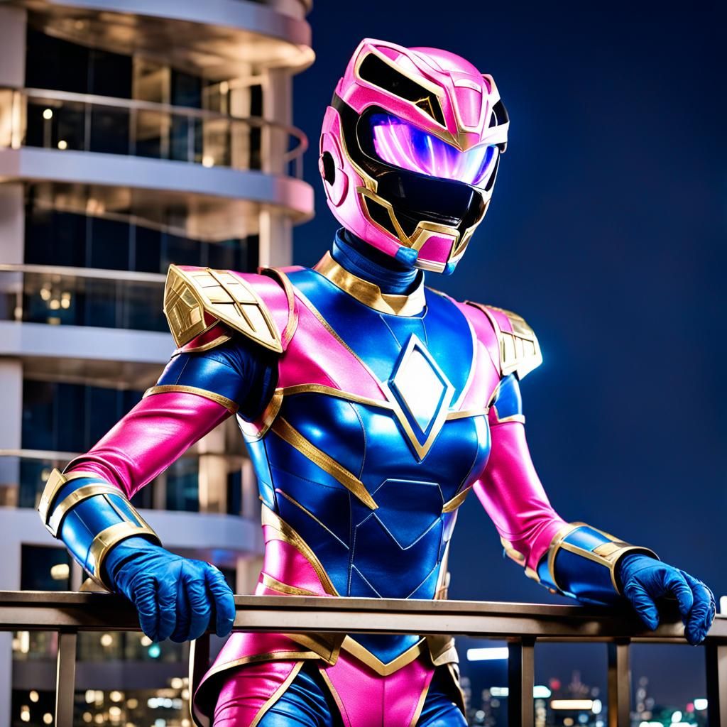 Powerful Pink Power Ranger on Skyscraper Balcony