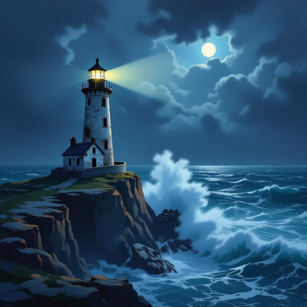 Weathered Lighthouse Guides Through Stormy Seas - 3D Render