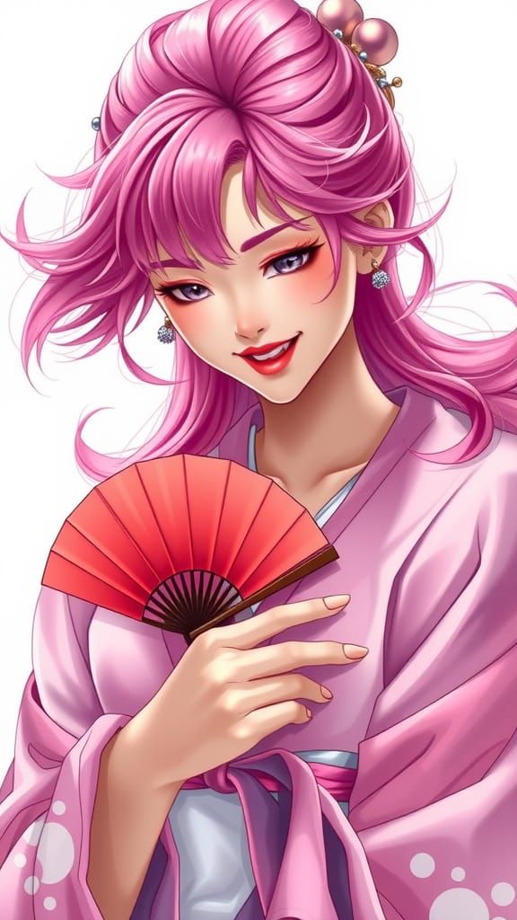 Japanese Animation: Gorgeous Woman in Pink Kimono